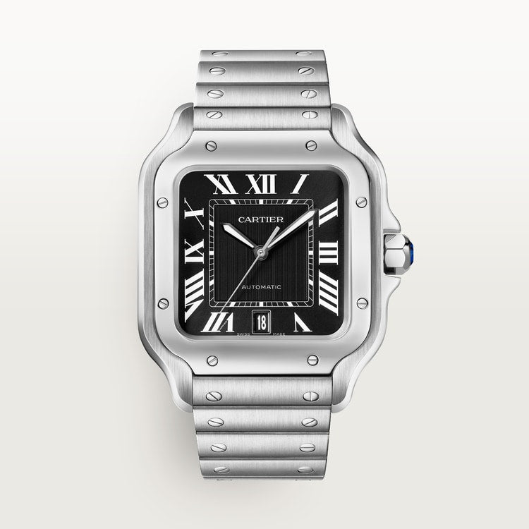 Santos de Cartier Large 39.8mm Steel Blue Crown Black Dial Steel Bracelet Self-Winding Watch