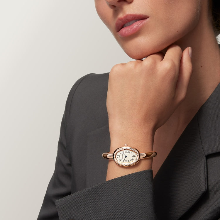 Baignoire Mini 18K Rose Gold Diamond Silvered Dial Alligator Strap Watch