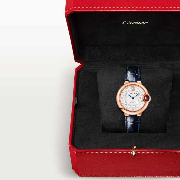 Ballon Bleu 33mm Rose Gold Diamond Dial Blue Alligator Strap Automatic Watch