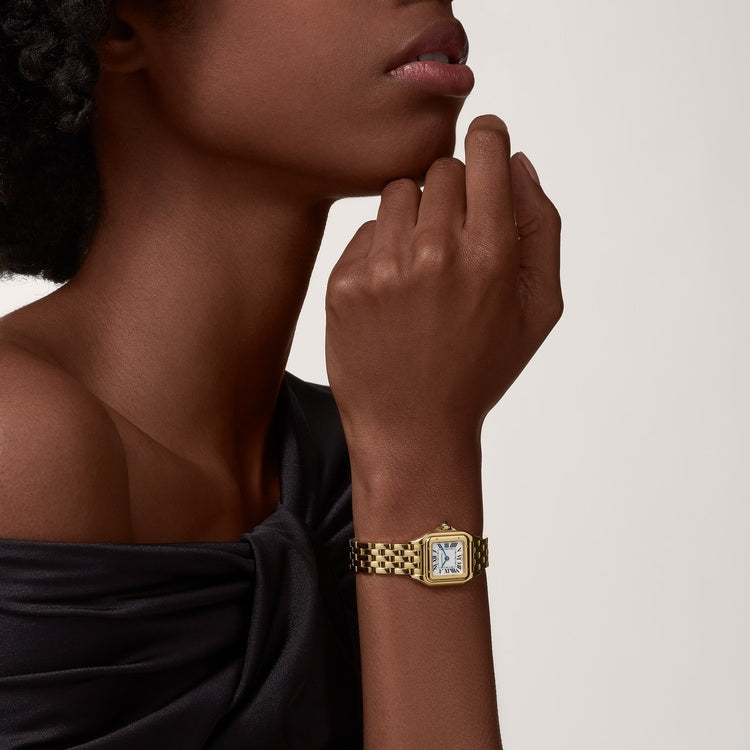 Panthère Mini 22mm x 30.3mm Yellow Gold Blue Sapphire Crown Silvered Dial Yellow Gold Bracelet Quartz Watch