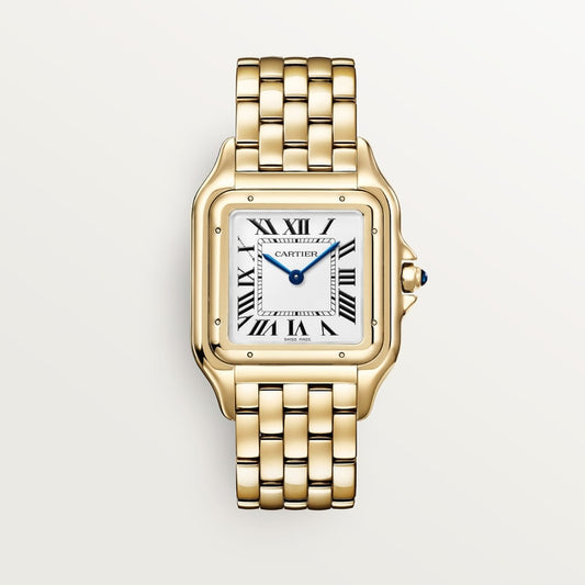 ساعة Panthère de Cartier كبيرة الحجم، مقاس 42 مم × 31 مم، مصنوعة من الذهب الأصفر مع تاج أزرق، وميناء فضي، وسوار من الذهب الأصفر، تعمل بحركة كوارتز.