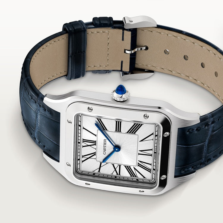 Santos-Dumont Extra-Large 46.6mm x 33.9mm Steel Silvered Satin-Finish Dial Navy Blue Alligator Strap Manual-Winding Watch