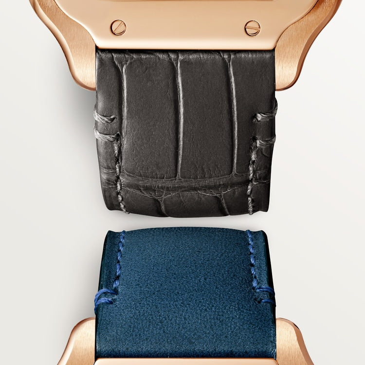 Santos de Cartier Medium 35.1mm Rose Gold Blue Crown Silver Dial Alligator Strap Self-Winding Watch