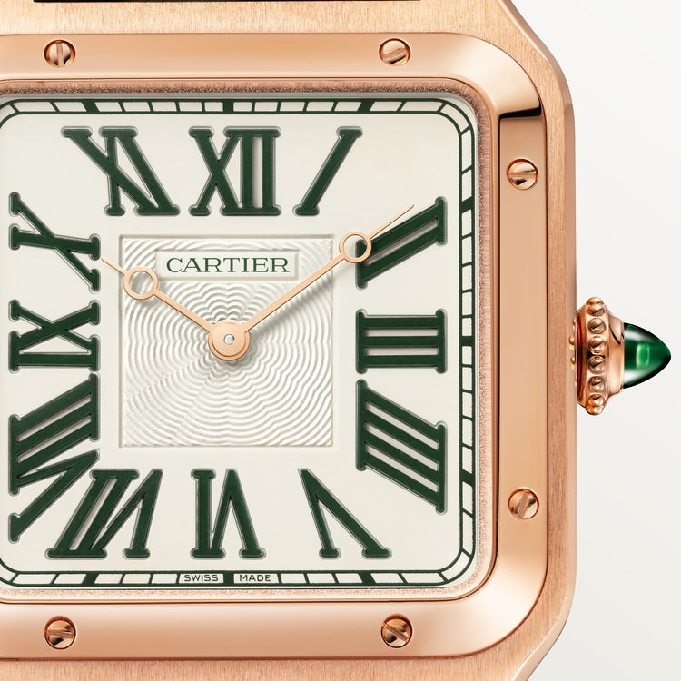 Santos-Dumont XL 46.6mm x 33.9mm Rose Gold Green Jade Guilloché Dial Green Alligator Strap Manual-Winding Watch