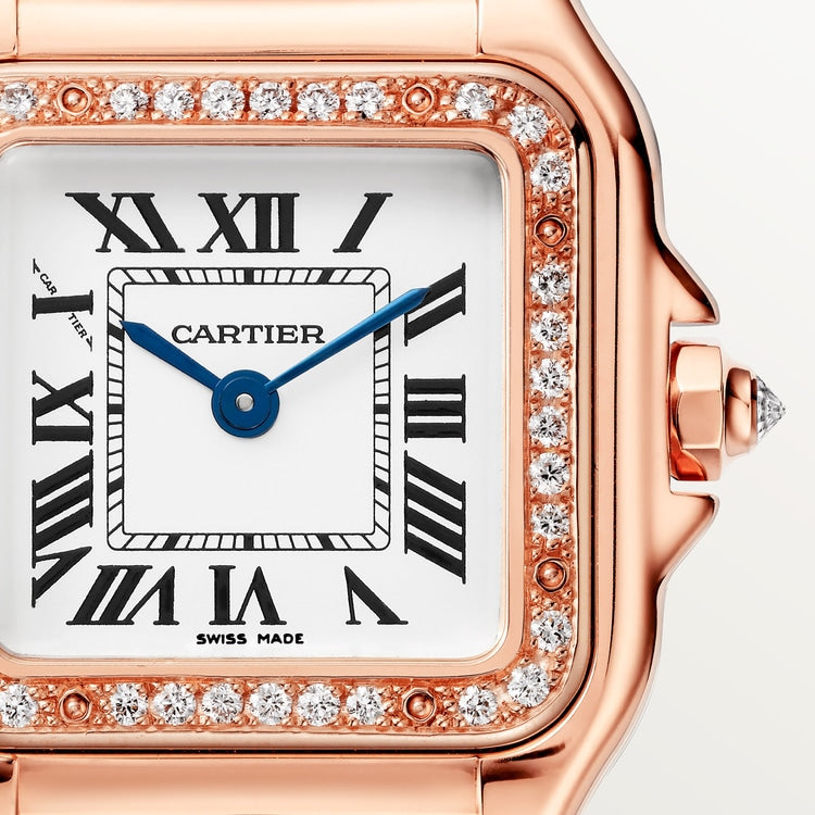 Panthère de Cartier Small 22mm x 30mm Rose Gold Diamond Bezel Diamond Crown Silvered Dial Rose Gold Bracelet Quartz Watch