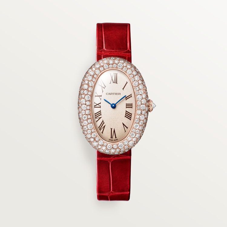 Baignoire Medium 36mm x 26mm Rose Gold Diamond Case Diamond Crown Silvered Dial Red Alligator Strap Quartz Watch