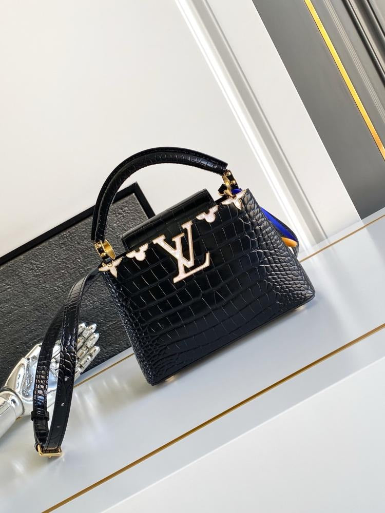 Capucines Mini Taurillon Leather Python Trim Top Handle Bag