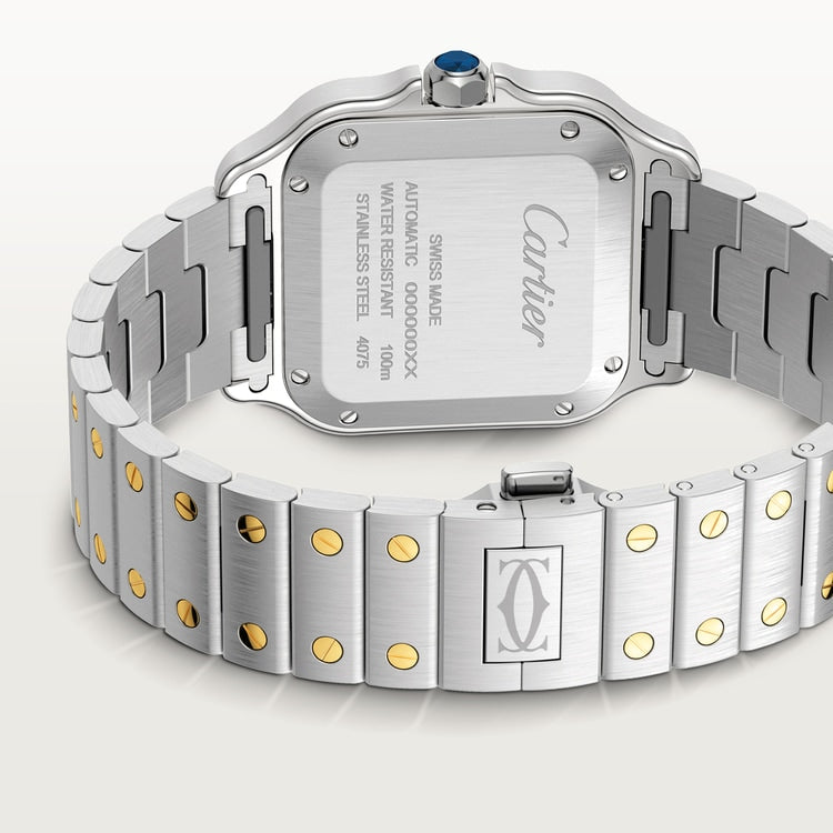 Santos de Cartier Medium 35.1mm Steel Yellow Gold Diamond Bezel Blue Crown Golden Sunray Dial Steel Bracelet Automatic Watch