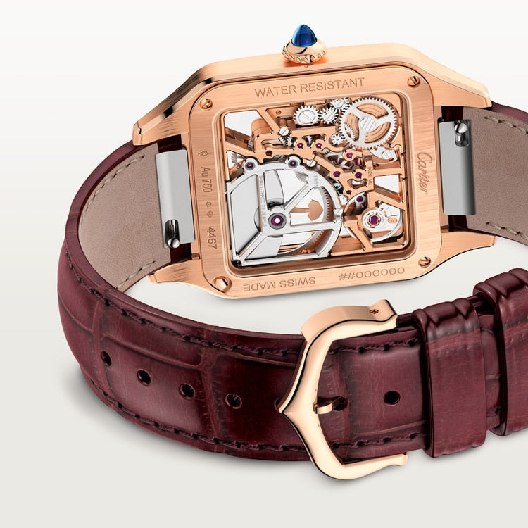 Santos-Dumont Large 43.5mm x 31.4mm Rose Gold Blue Crown Skeleton Dial Burgundy Alligator Strap Self-Winding Watch