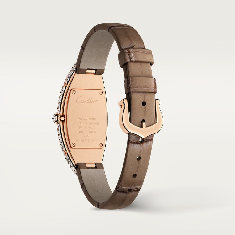 Baignoire Allongée Medium 47mm x 21mm Rose Gold Diamond Case Diamond Crown Silvered Dial Taupe Alligator Strap Manual Wind Watch