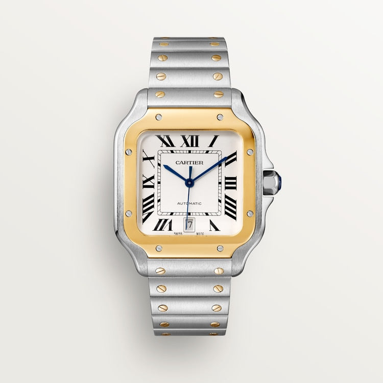Santos de Cartier Large 39.8mm Steel Yellow Gold Bezel Silvered Opaline Dial Steel Bracelet Self-Winding Watch