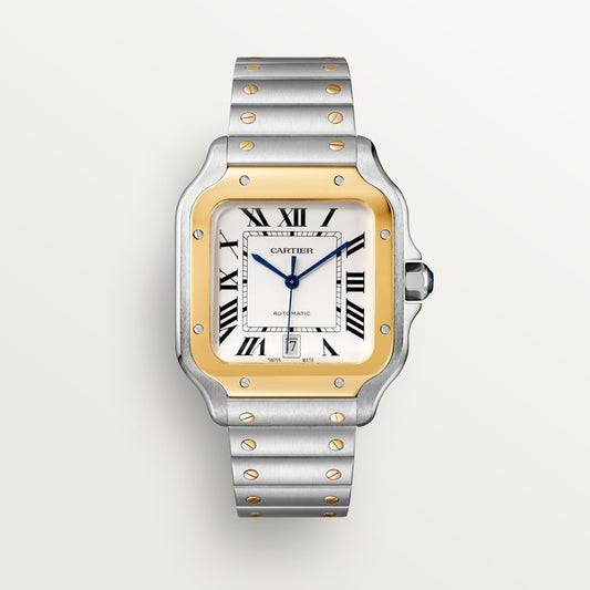 ساعة Santos de Cartier كبيرة الحجم 39.8 مم من الفولاذ، إطار من الذهب الأصفر، ميناء فضي أوبالين، سوار من الفولاذ، حركة ذاتية التعبئة