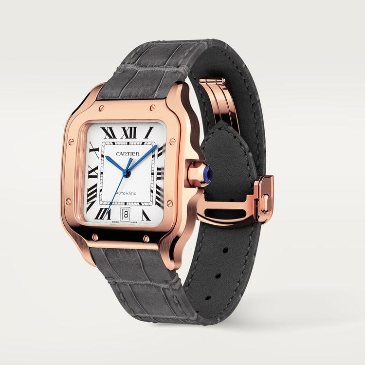 Santos de Cartier Large 39.8mm Rose Gold Blue Crown Opaline Silver Dial Alligator Strap Self-Winding Watch