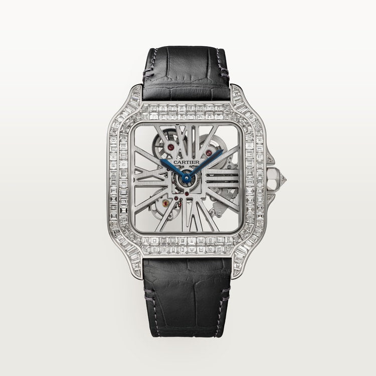 Santos de Cartier Large 47.5mm White Gold Diamond Skeleton Dial Alligator Strap Manual-Winding Watch