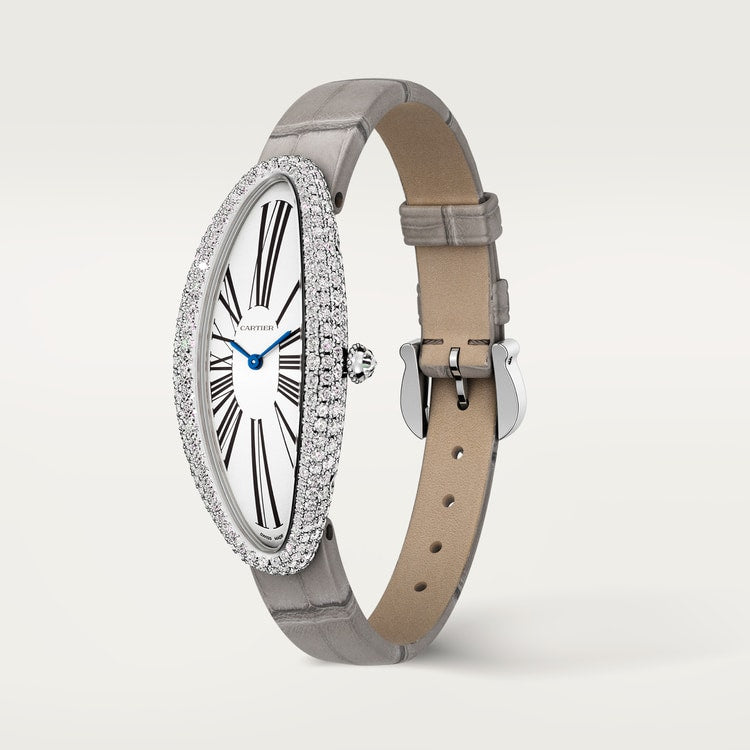 Baignoire Allongée Medium 47mm x 21mm White Gold Diamond Beaded Crown Silvered Dial Gray Alligator Strap Watch