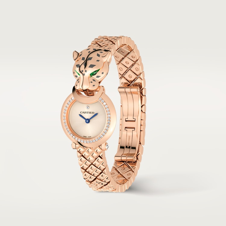 Panthère Small 23.6mm Rose Gold Diamond Bezel Tsavorite Eyes Golden Dial Rose Gold Bracelet Quartz Watch