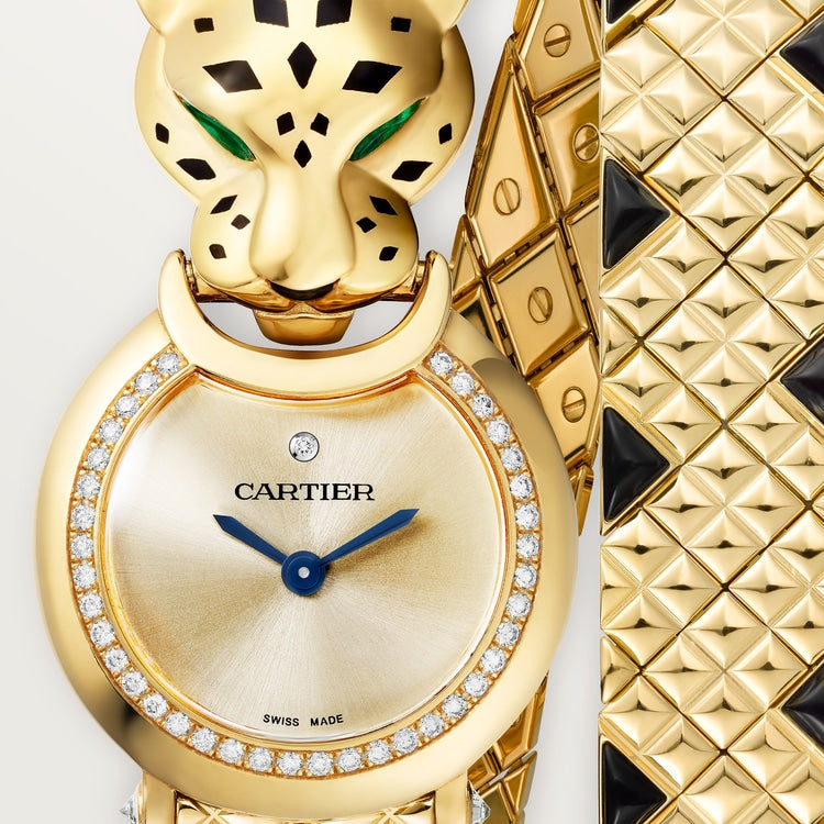 Panthère Mini 23.6mm Yellow Gold Diamond Bezel Tsavorite Eyes Golden Dial Yellow Gold Bracelet Quartz Watch
