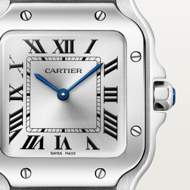 Santos de Cartier Small 34.5mm x 27mm Steel Blue Crown Silver Sunray Dial Steel Bracelet Quartz Watch