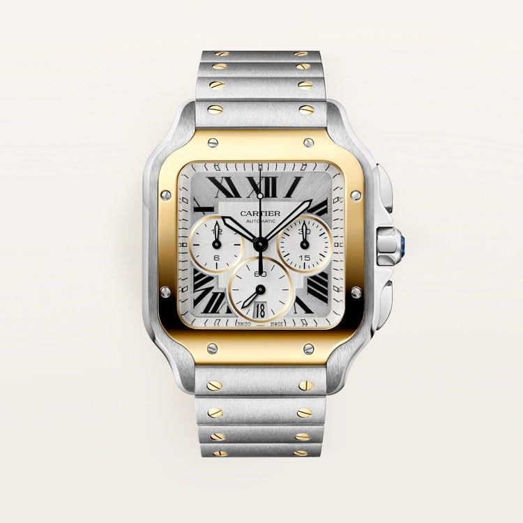 Santos de Cartier Large 47.5mm Steel Yellow Gold Chronograph Silvered Dial Steel Bracelet Self-Winding Watch