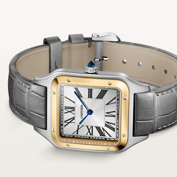 Santos-Dumont Large 43.5mm x 31.4mm Steel Yellow Gold Silvered Satin-Finish Dial Anthracite Gray Alligator Strap Self-Winding Watch