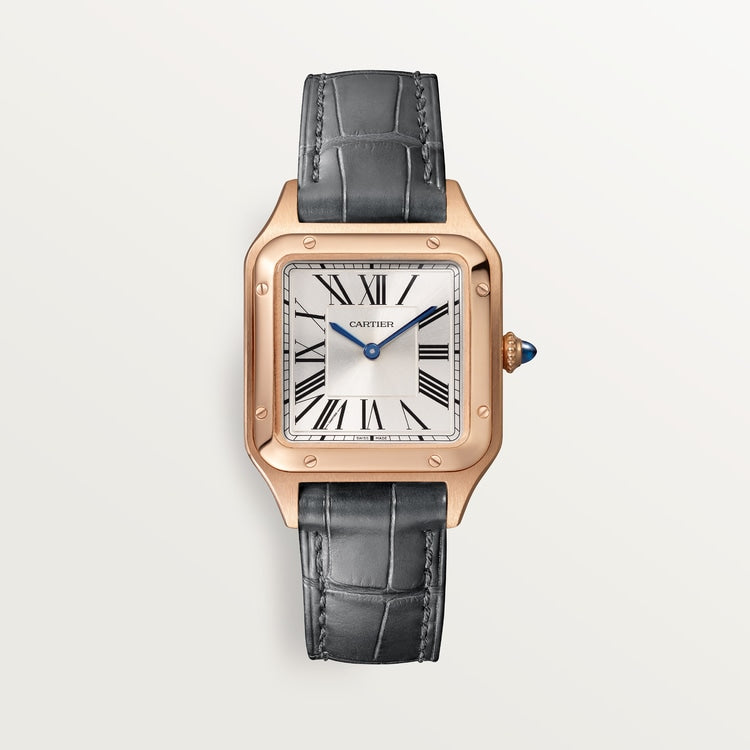 Santos-Dumont Small 38mm x 27.5mm Rose Gold Blue Crown Silver Dial Gray Alligator Strap Quartz Watch