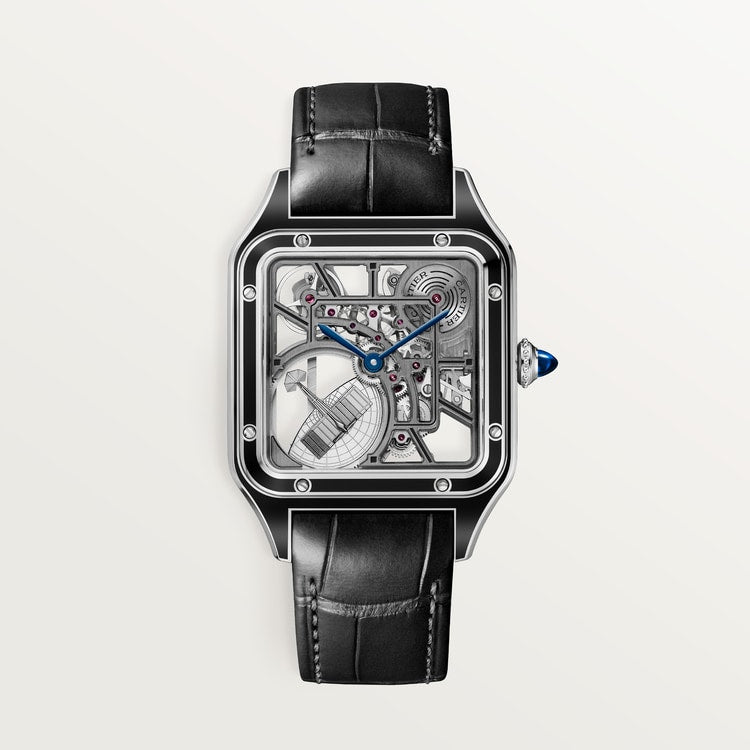 Santos-Dumont Skeleton 43.5mm x 31.4mm Steel Black Lacquer Gray Alligator Strap Self-Winding Watch