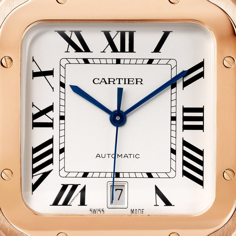 Santos-Dumont Large 43.5mm x 31.4mm Rose Gold Silvered Satin-Finish Dial Navy Blue Alligator Strap Manual-Winding Watch