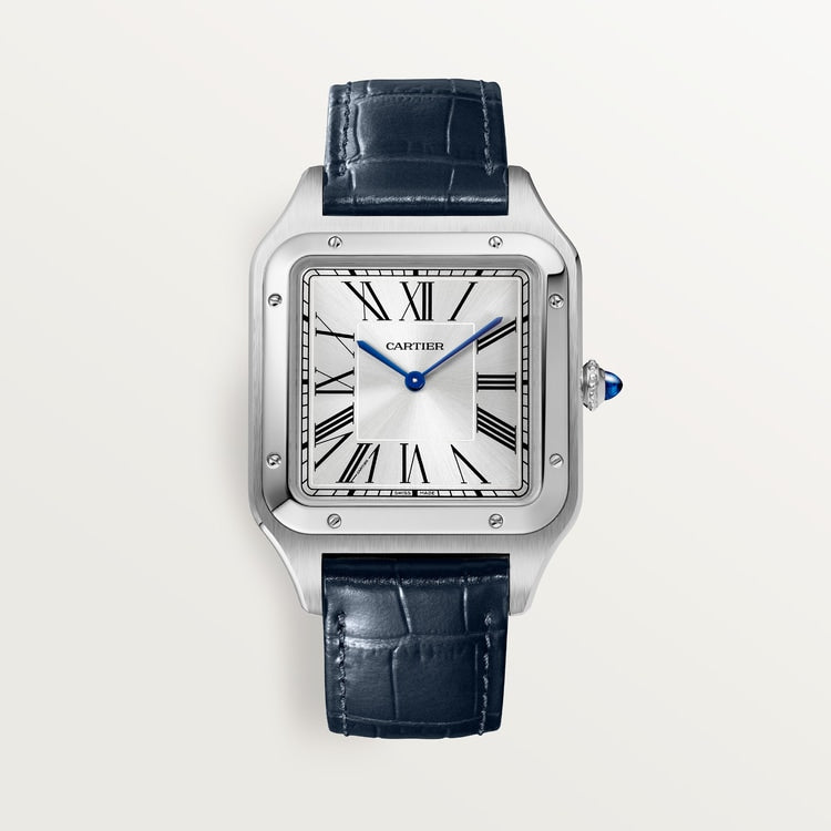 Santos-Dumont Extra-Large 46.6mm x 33.9mm Steel Silvered Satin-Finish Dial Navy Blue Alligator Strap Manual-Winding Watch