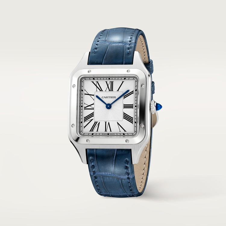 Santos-Dumont Large 43.5mm x 31.4mm Steel Silvered Satin-Finish Dial Navy Blue Alligator Strap Quartz Watch