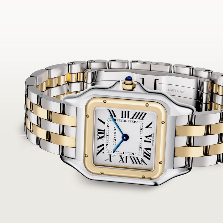Panthère Medium 29mm x 37mm Yellow Gold Steel Blue Crown Silvered Dial Yellow Gold Steel Bracelet Quartz Watch