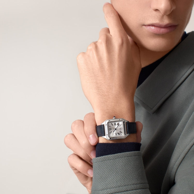 Santos-Dumont Small 38mm x 27.5mm Steel Blue Crown Silver Sunray Dial Navy Blue Alligator Leather Strap Quartz Watch