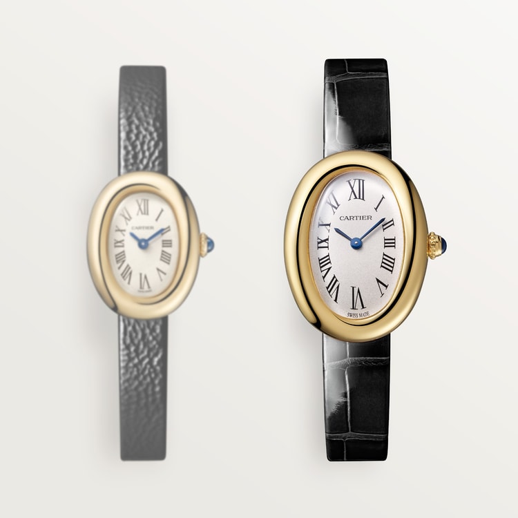 Baignoire Small 31mm x 23mm Yellow Gold Beaded Crown Sapphire Cabochon Silvered Dial Black Alligator Strap Quartz Watch