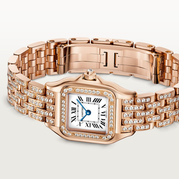 Panthère de Cartier Small 30.3mm x 22mm Rose Gold Diamond Bezel Diamond Crown Silvered Dial Rose Gold Diamond Bracelet Quartz Watch