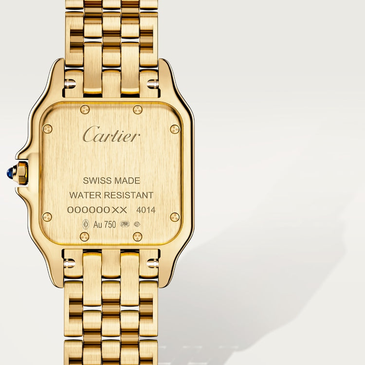Panthère Medium 29mm x 37mm Yellow Gold Blue Sapphire Crown Silvered Dial Yellow Gold Bracelet Quartz Watch