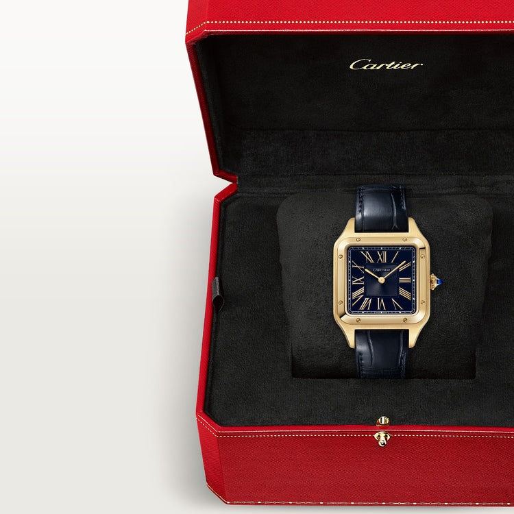 Santos-Dumont Large 43.5mm x 31.4mm Yellow Gold Blue Satin-Brushed Dial Alligator Strap Quartz Watch