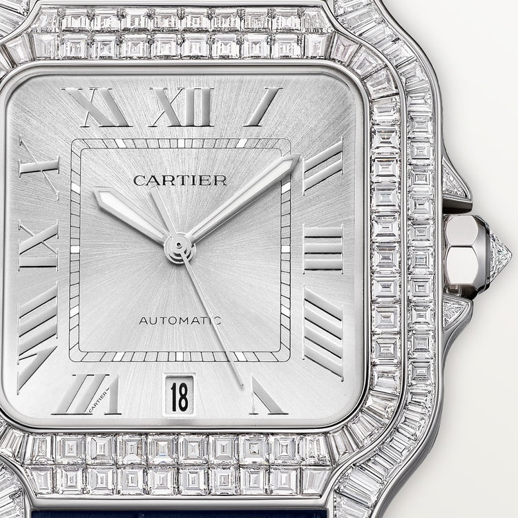 Santos de Cartier Large 47.5mm White Gold Diamond Bezel Silvered Sunray Dial Alligator Strap Self-Winding Watch