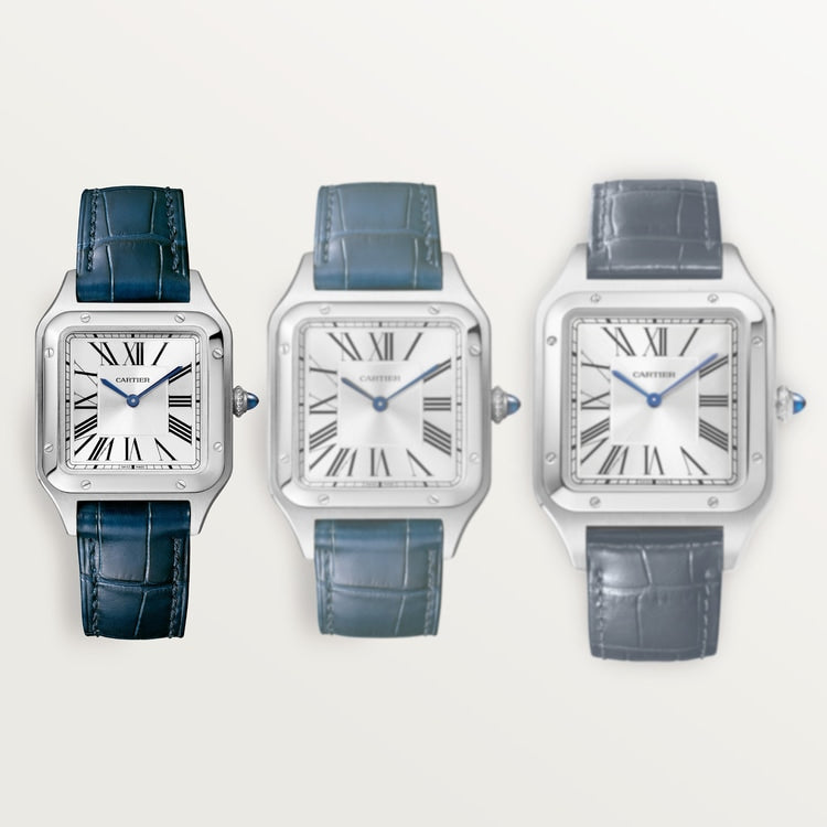 Santos-Dumont Small 38mm x 27.5mm Steel Blue Crown Silver Sunray Dial Navy Blue Alligator Strap Quartz Watch
