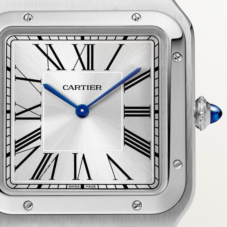 Santos-Dumont Extra-Large 46.6mm x 33.9mm Steel Silvered Satin-Finish Dial Navy Blue Alligator Strap Manual-Winding Watch