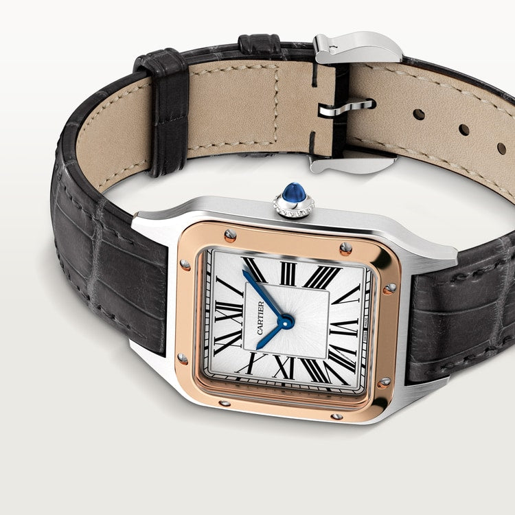 Santos-Dumont Small 38mm x 27.5mm Steel Rose Gold Bezel Silvered Satin-Finish Dial Black Alligator Strap Quartz Watch