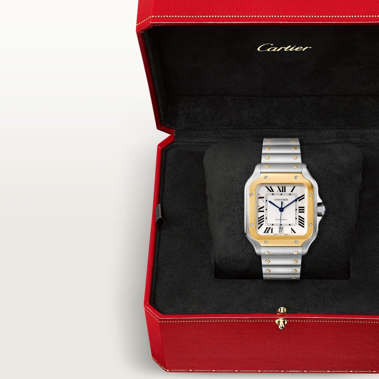 Santos de Cartier Large 39.8mm Steel Yellow Gold Bezel Silvered Opaline Dial Steel Bracelet Self-Winding Watch