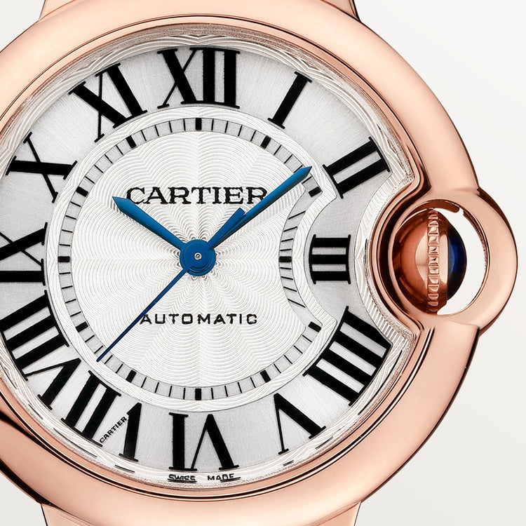 Ballon Bleu 33mm Rose Gold Automatic Silver Guilloché Dial Alligator Strap Watch