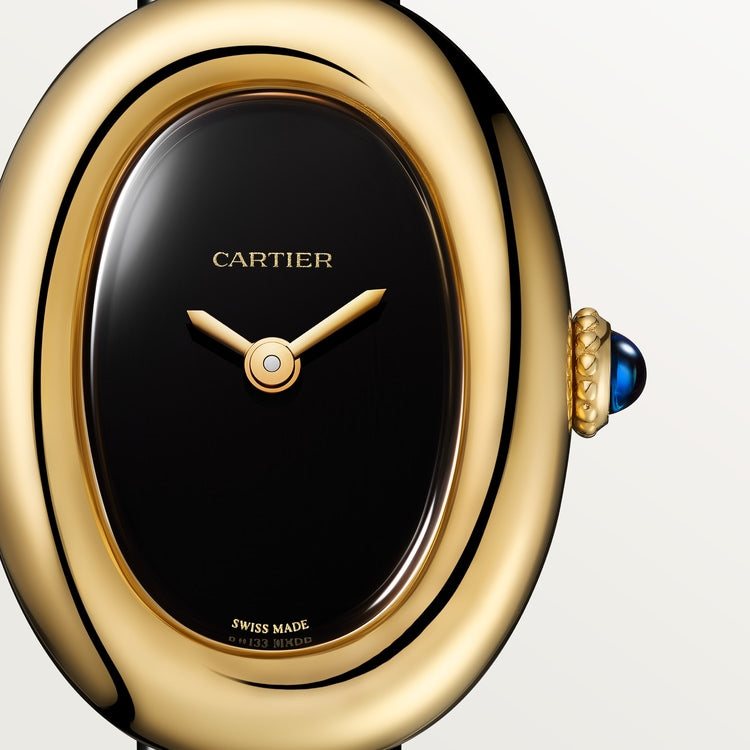 Baignoire Mini 24.6mm x 18.7mm Yellow Gold Beaded Crown Sapphire Cabochon Black Lacquered Dial Black Calfskin Strap Quartz Watch