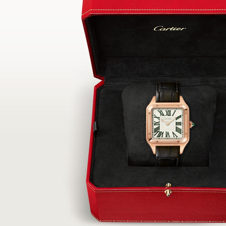 Santos-Dumont XL 46.6mm x 33.9mm Rose Gold Green Jade Guilloché Dial Green Alligator Strap Manual-Winding Watch
