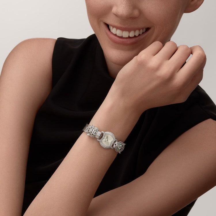 Panthère Mini 22.2mm White Gold Diamond Case Emerald Eyes Silvered Dial White Gold Bracelet Quartz Watch