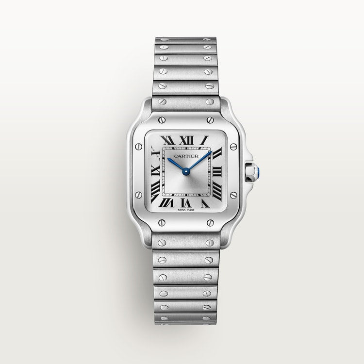 Santos de Cartier Small 34.5mm x 27mm Steel Blue Crown Silver Sunray Dial Steel Bracelet Quartz Watch