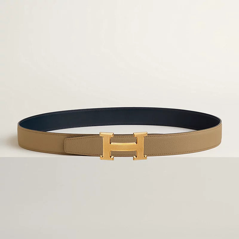 H Guillochee Belt Buckle & Reversible Leather Strap 32 MM