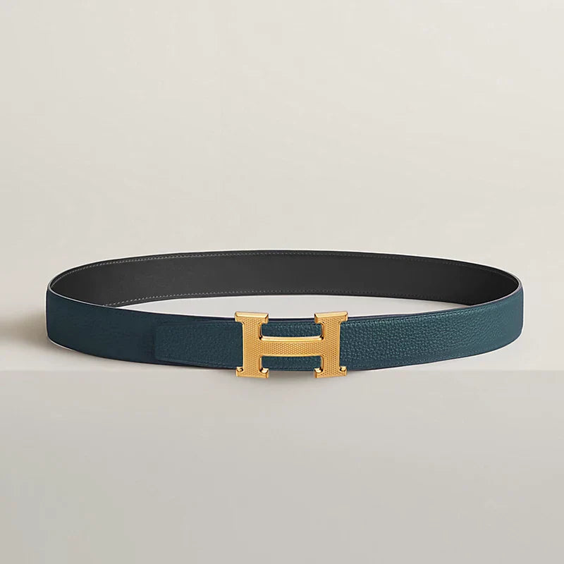 H Guillochee Belt Buckle & Reversible Leather Strap 32 MM