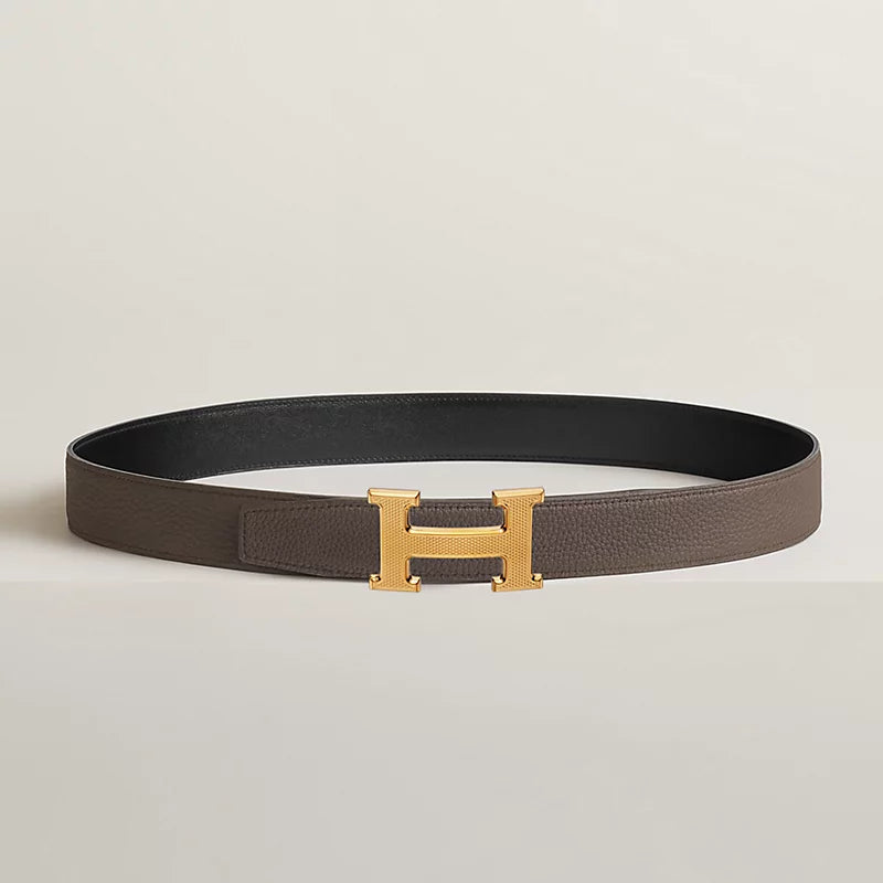 H Guillochee Belt Buckle & Reversible Leather Strap 32 MM