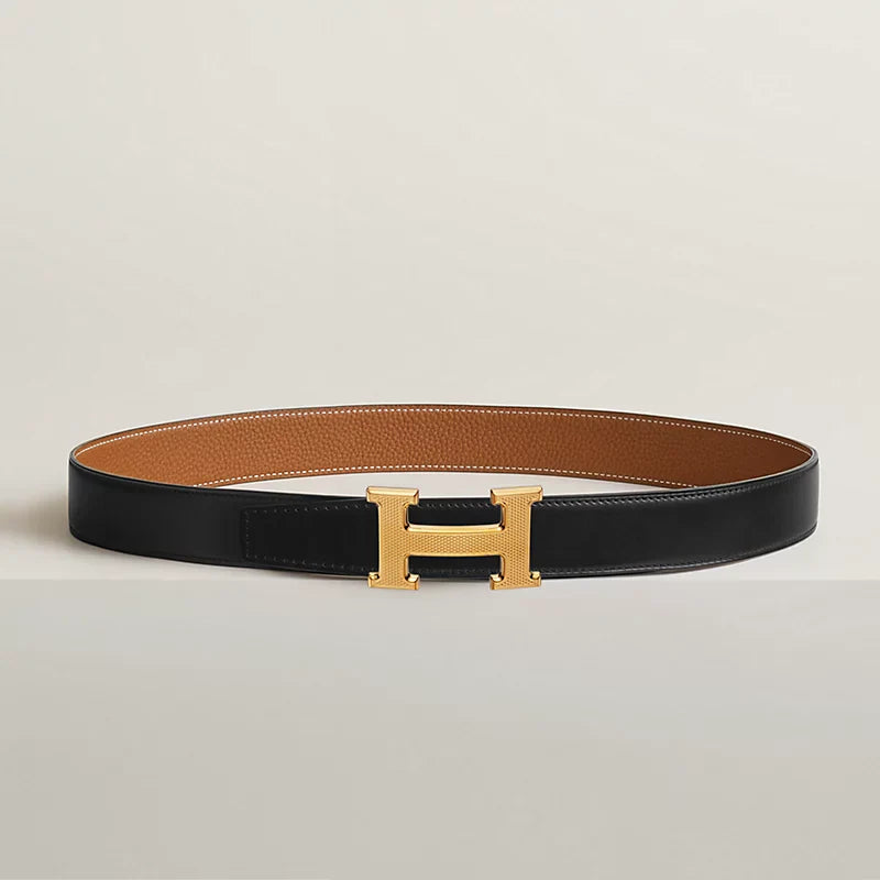 H Guillochee Belt Buckle & Reversible Leather Strap 32 MM
