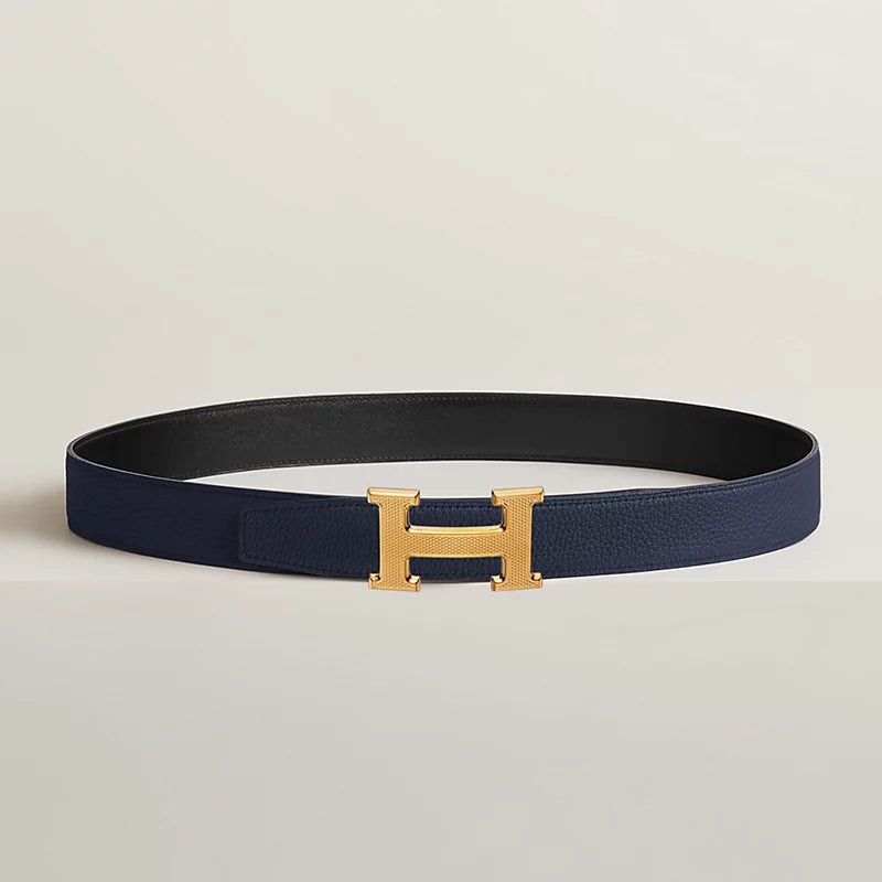 H Guillochee Belt Buckle & Reversible Leather Strap 32 MM
